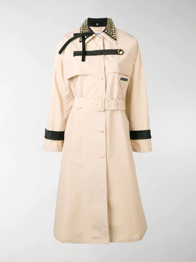 Shop Prada Studded Collar Trench Coat In Neutrals