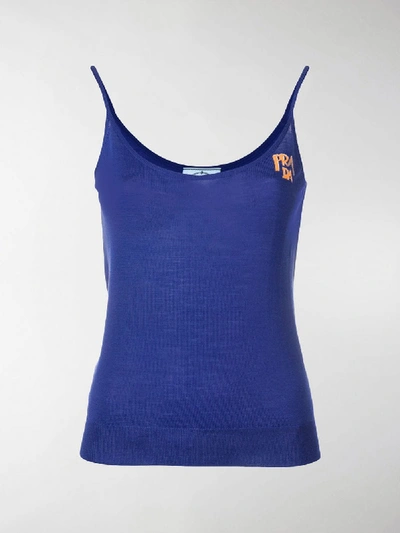 Shop Prada Logo Knit Camisole Top In Blue