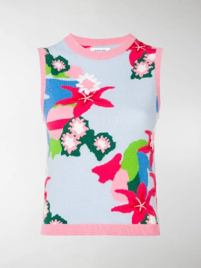 Shop Thom Browne Floral Intarsia Cashmere Shell Top In Blue