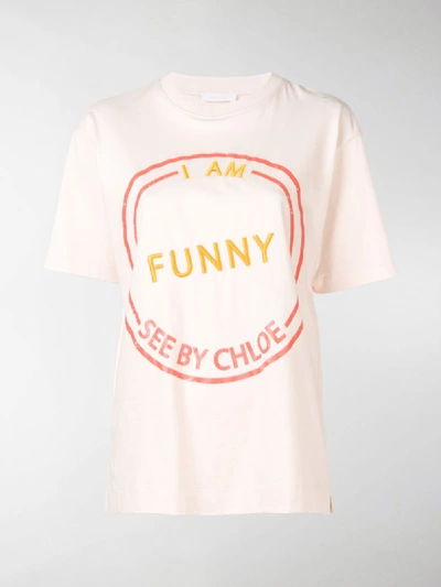 Shop See By Chloé Slogan Embroidered T-shirt In Neutrals