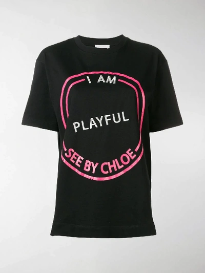 Shop See By Chloé Slogan Embroidered T-shirt In Black