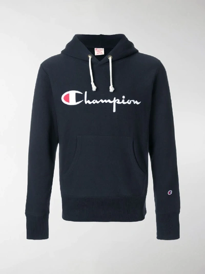 Shop Champion Logo Patch Hooded Sweatshirt In Blue