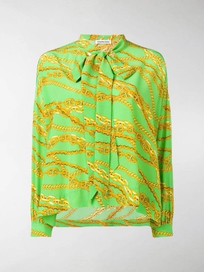 Balenciaga Green Chain Printed Satin Oversized Shirt S Balenciaga