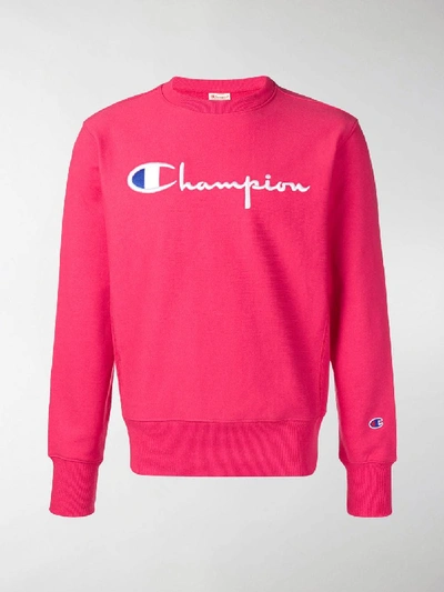 Shop Champion Logo Embroidered Sweatshirt In Pink