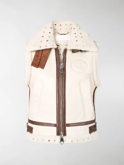 Shop Chloé Shearling Trim Leather Gilet In Neutrals