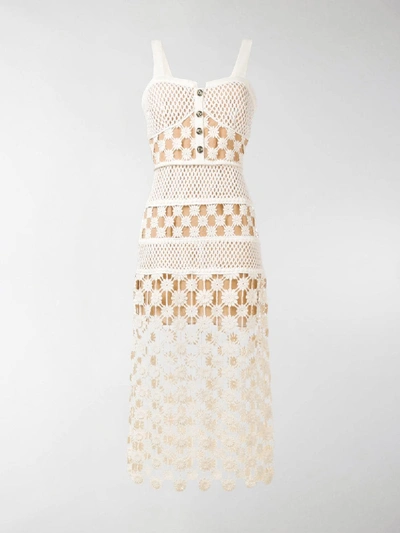 Shop Self-portrait Crochet Midi Dress In Neutrals
