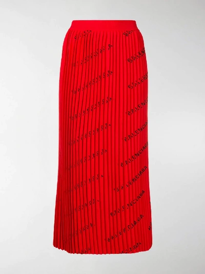 Shop Balenciaga Logo Print Pleated Skirt In Red