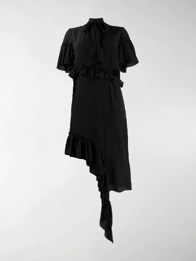 Shop Rokh Asymmetric Silk Midi Dress In Black