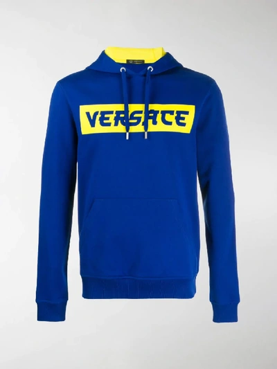 Shop Versace Logo Print Hoodie In Blue