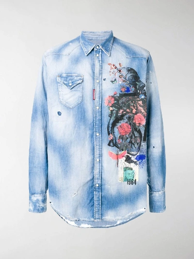 Shop Dsquared2 Printed Denim Shirt In Blue