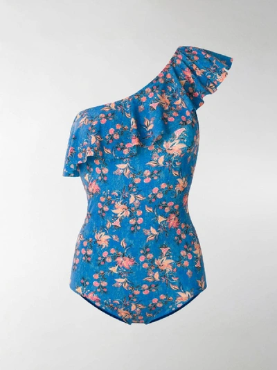 Shop Isabel Marant Floral One Shoulder Swimsuit In Blue