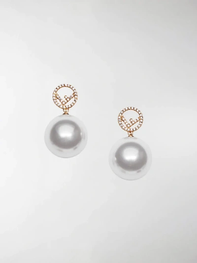Shop Fendi F Motif Drop Earrings In F18a4-soft Gold +white +cr