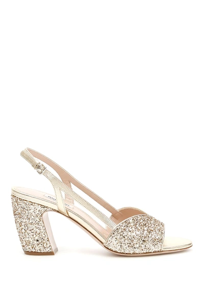 Shop Miu Miu Glitter Sandals In Pirite (gold)