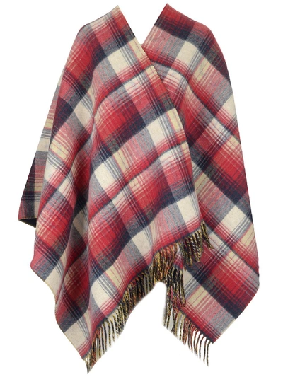 Shop Gucci Tartan Fringed Hem Poncho In Red