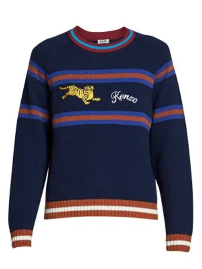 Shop Kenzo Jumping Tiger Striped Wool-blend Sweater In Navy Blue