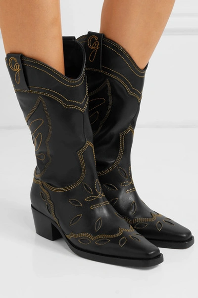 Shop Ganni High Texas Embroidered Leather Boots In Black