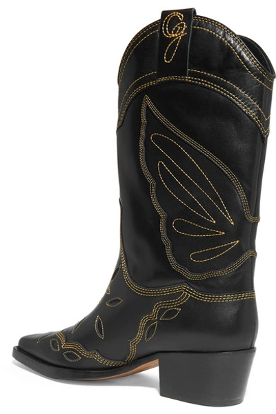 Shop Ganni High Texas Embroidered Leather Boots In Black