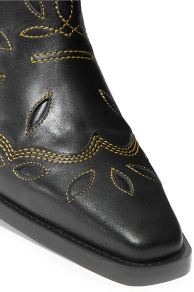 Shop Ganni High Texas Embroidered Leather Boots In Black