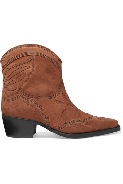 Shop Ganni Low Texas Embroidered Suede Ankle Boots In Brown