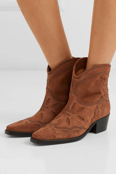 Shop Ganni Low Texas Embroidered Suede Ankle Boots In Brown