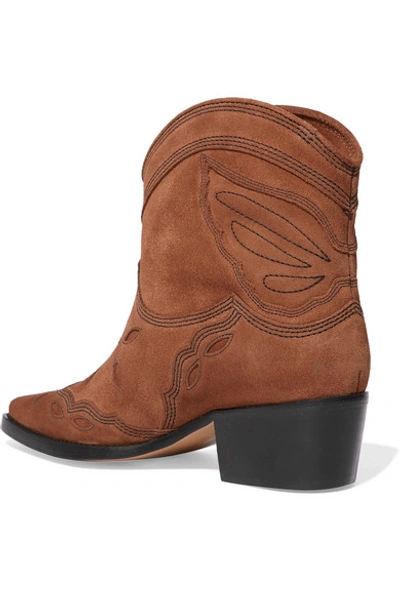 Shop Ganni Low Texas Embroidered Suede Ankle Boots In Brown