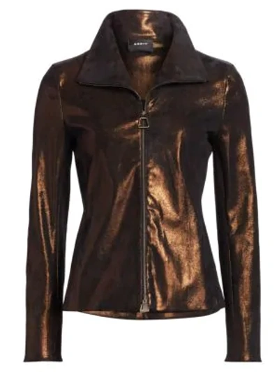 Shop Akris Caren Metallic Leather Jacket In Copper