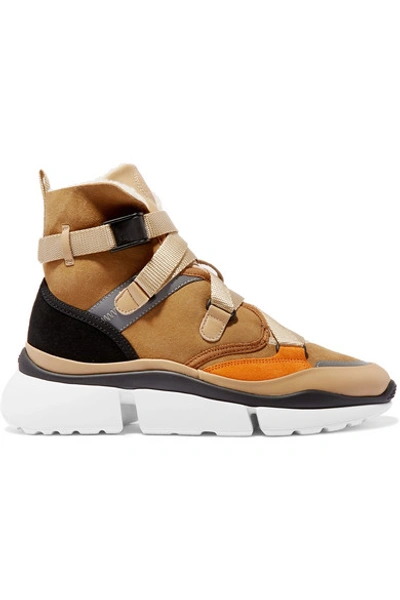 Shop Chloé Sonnie Shearling-lined Suede And Leather High-top Sneakers In Camel