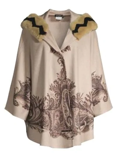 Shop Etro Rabbit-trimmed Cashmere Paisley Hooded Cape In Brown