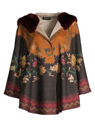 Shop Etro Rabbit-trimmed Cashmere Printed Hooded Cape In Black