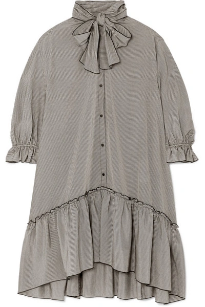 Shop See By Chloé Pussy-bow Ruffled Gingham Crepe De Chine Dress In Gray