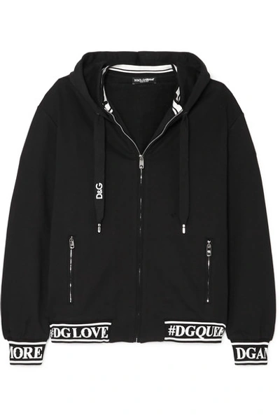Shop Dolce & Gabbana Jacquard-trimmed Cotton-jersey Hoodie In Black