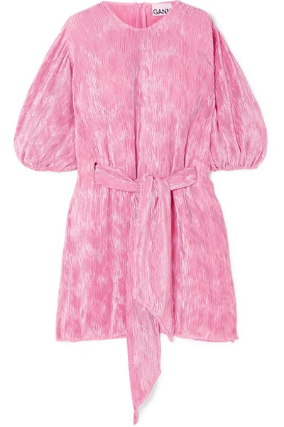 Shop Ganni Belted Plissé-satin Mini Dress In Pink