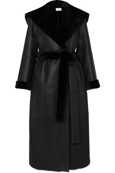 Shop The Row Riona Hooded Belted Shearling Coat In Black