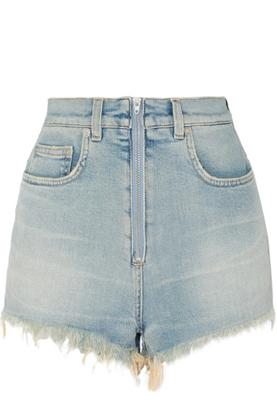 Shop Givenchy Distressed Faded Stretch-denim Shorts In Blue
