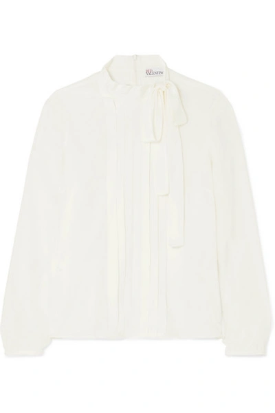Shop Red Valentino Pussy-bow Pintucked Silk Crepe De Chine Blouse In White