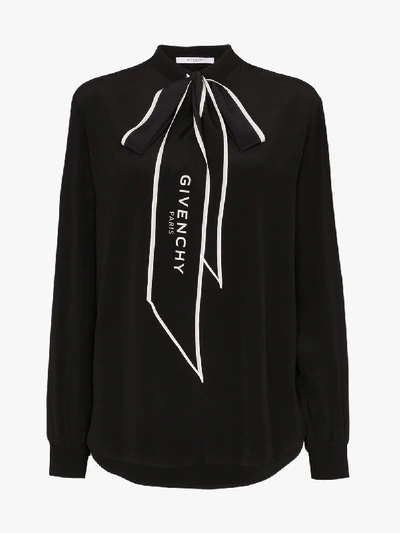 Shop Givenchy Logo Print Scarf Neck Silk Blouse In Black