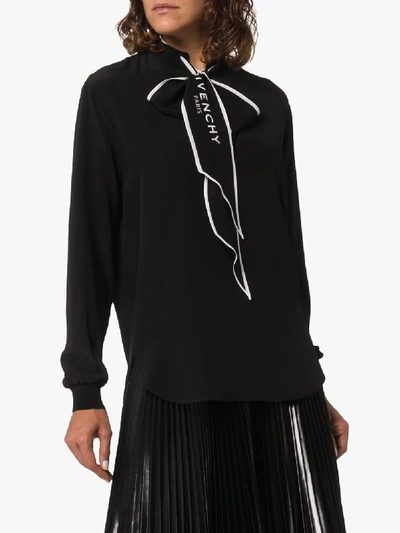 Shop Givenchy Logo Print Scarf Neck Silk Blouse In Black