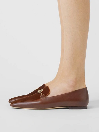 Shop Burberry Monogram Motif Velvet And Leather Loafers In Dark Chocolate/tan