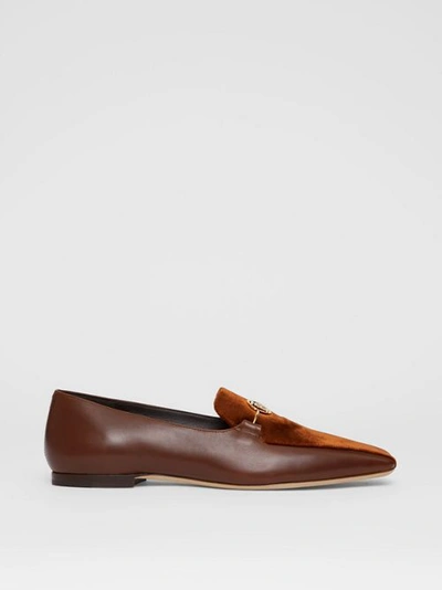 Shop Burberry Monogram Motif Velvet And Leather Loafers In Dark Chocolate/tan