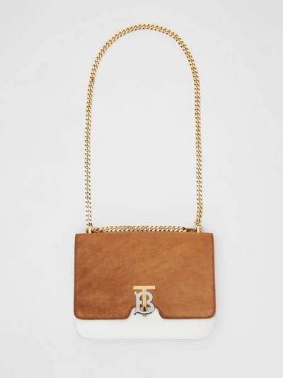 Shop Burberry Medium Two-tone Leather And Suede Tb Bag In White/brown