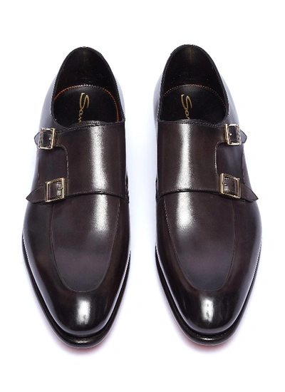 Shop Santoni 'carter' Double Monk Strap Leather Loafers In Charcoal Grey