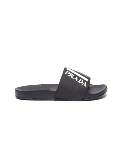 Shop Prada Textured Logo Colourblock Pool Slides In Black