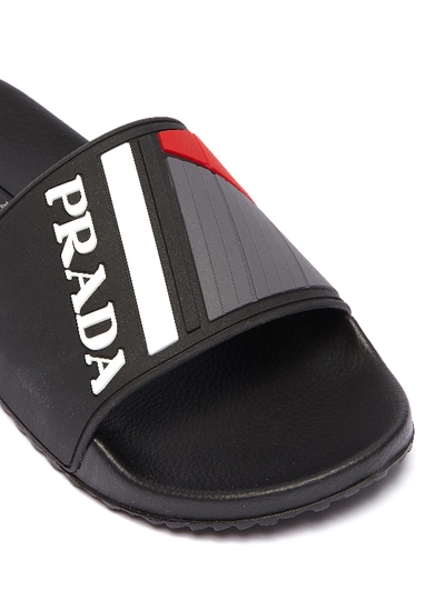 Shop Prada Textured Logo Colourblock Pool Slides In Black