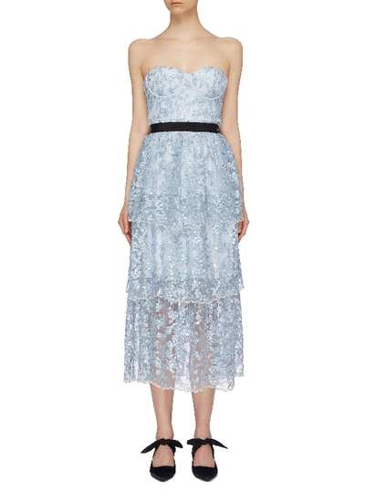 Shop Self-portrait Sequin Floral Tiered Mesh Strapless Midi Dress