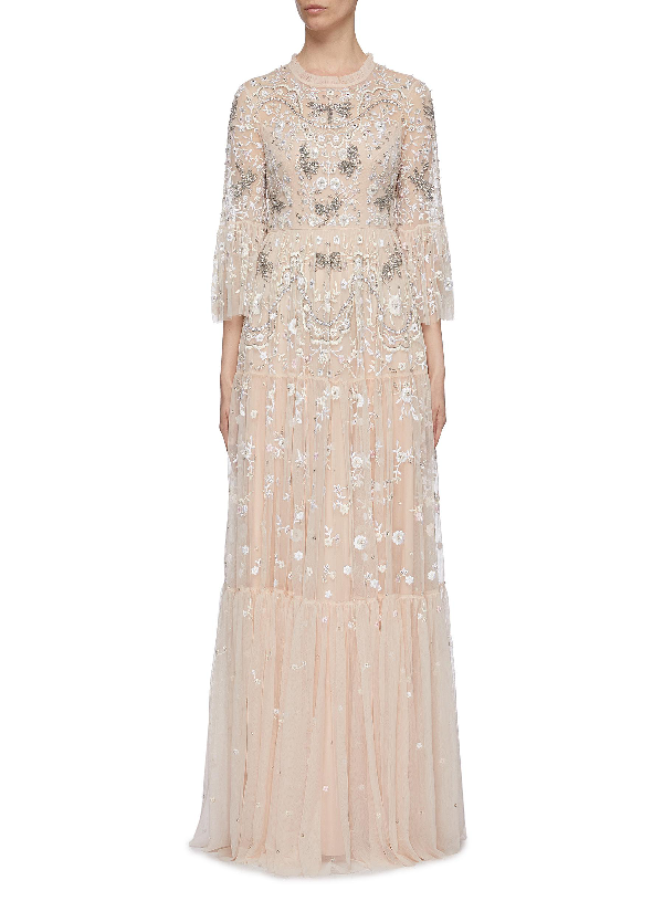 needle & thread embroidered lace tiered maxi dress in ivory