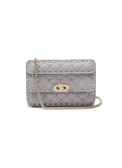 Shop Valentino 'rockstud Spike' Small Quilted Leather Shoulder Bag In Pastel Grey