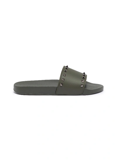 Valentino Men's Rockstud Pool Slide Sandals In Khaki Green