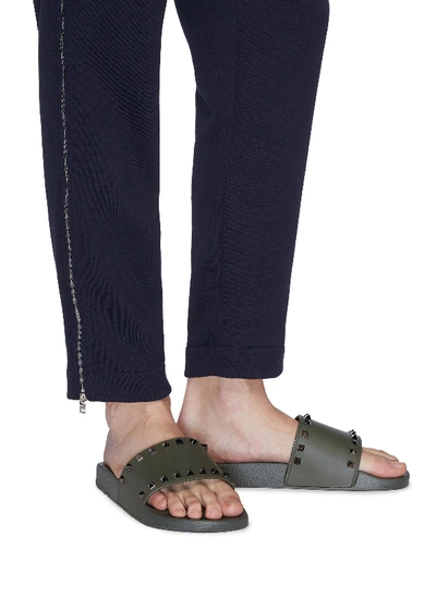 Valentino Men's Rockstud Pool Slide Sandals In Khaki Green
