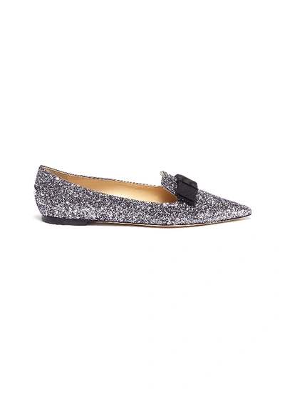 Shop Jimmy Choo 'gala' Bow Coarse Glitter Loafers In Gunmetal Mix