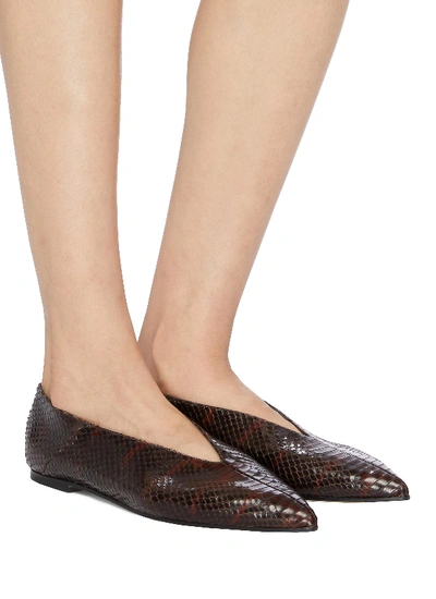 Shop Aeyde 'moa' Snake Embossed Choked-up Leather Flats In Chocholate / Snake Embossed